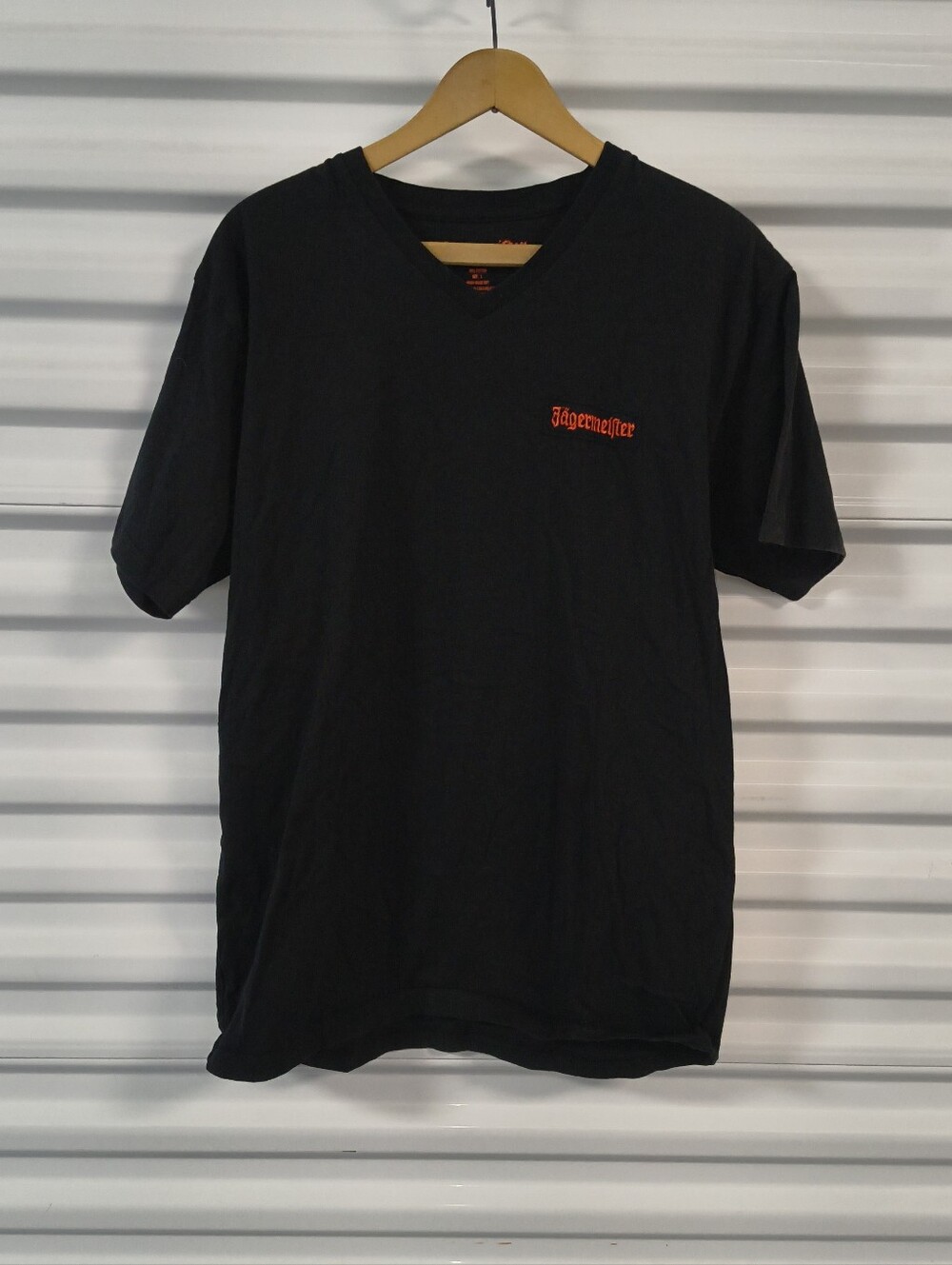 Jagermeister Black V-Neck Embroidered Orange Logo Short Sleeve T-shirt L
